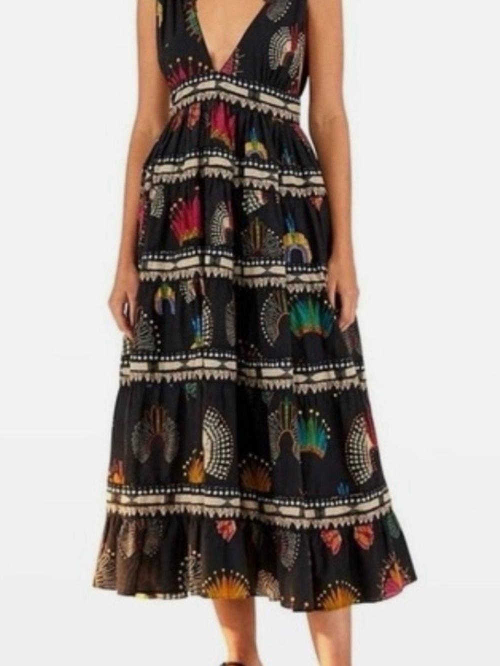 FARM Rio Black Tiered Midi Dress with Multicolor Sunburst Print - Picture 3 of 5